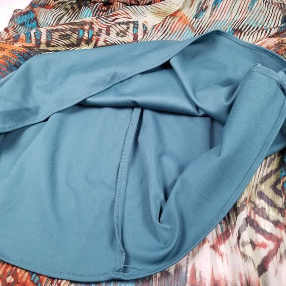 Chris McLaughlin Teal Rust Green Boho Vintage Overlay Maxi Dress Pleated Size 4 - Picture 5 of 6